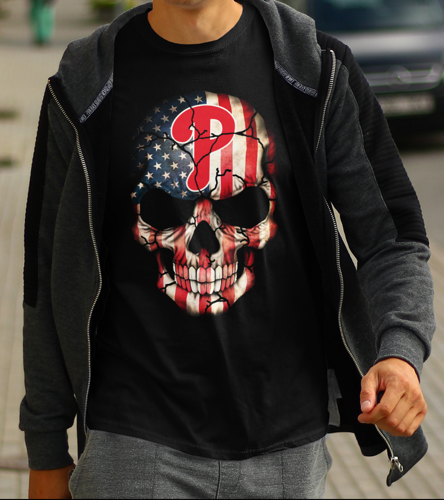 Phillies Skull American Flag Cracked T-Shirt