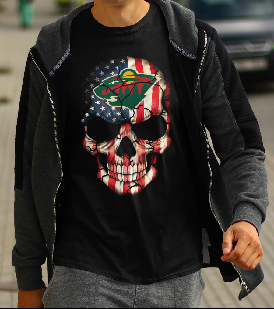 Minnesota Wild American Flag Skull T-Shirt
