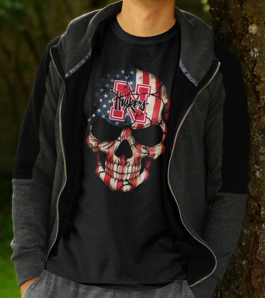 Huskers American Flag Skull Nebraska Cornhuskers N T-Shirt