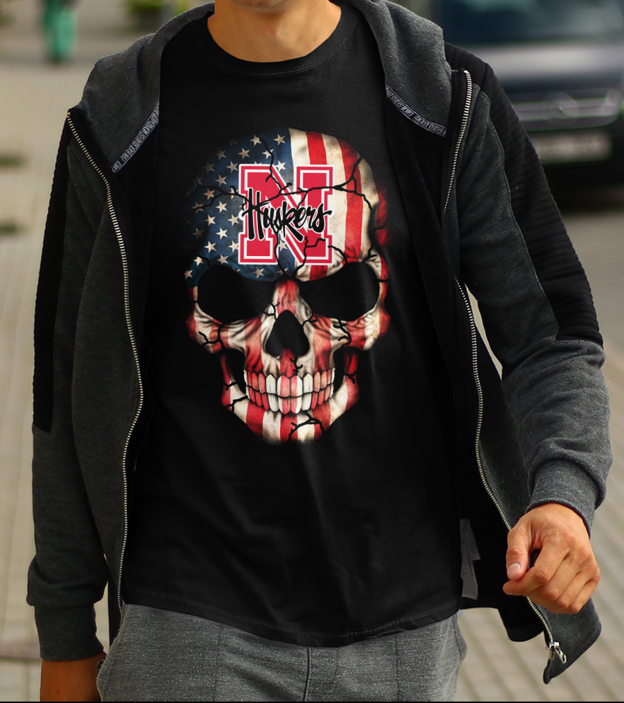 Huskers American Flag Skull Nebraska Cornhuskers N T-Shirt