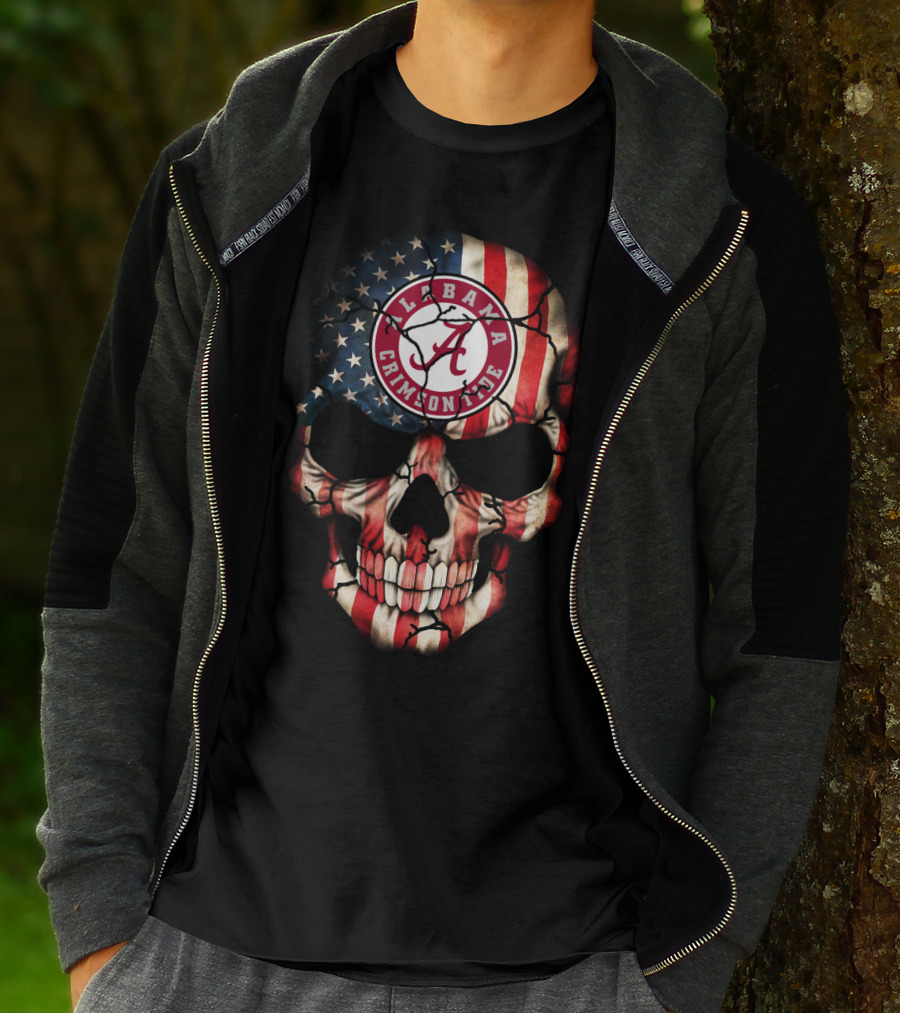 Alabama Crimson Tide Skull American Flag Style T-Shirt
