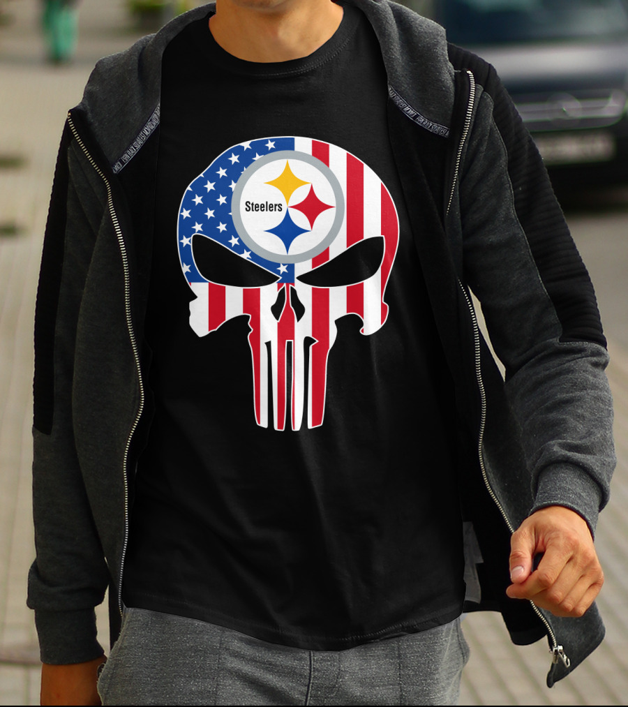 Steelers American Flag Skull T-Shirt