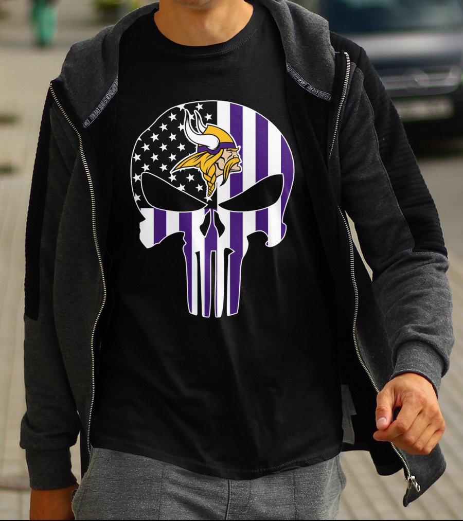 Minnesota Vikings Punisher American Flag Skull T-Shirt