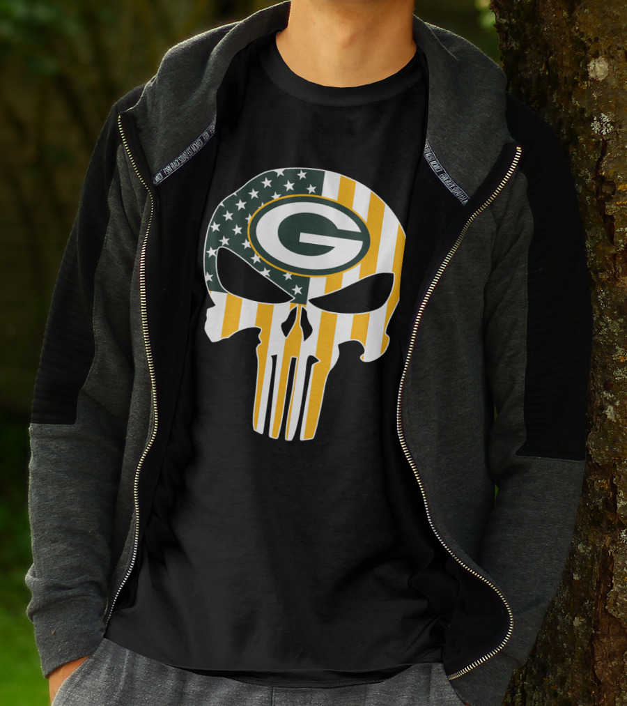 Green Bay Packers Punisher Skull American Flag T-Shirt