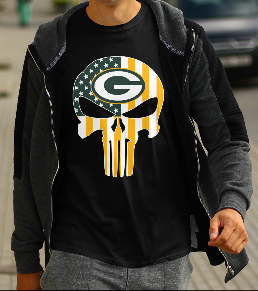 Green Bay Packers Punisher Skull American Flag T-Shirt