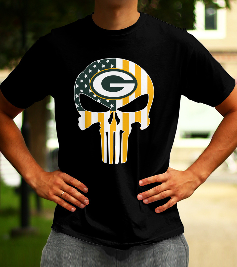 Green Bay Packers Punisher Skull American Flag T-Shirt