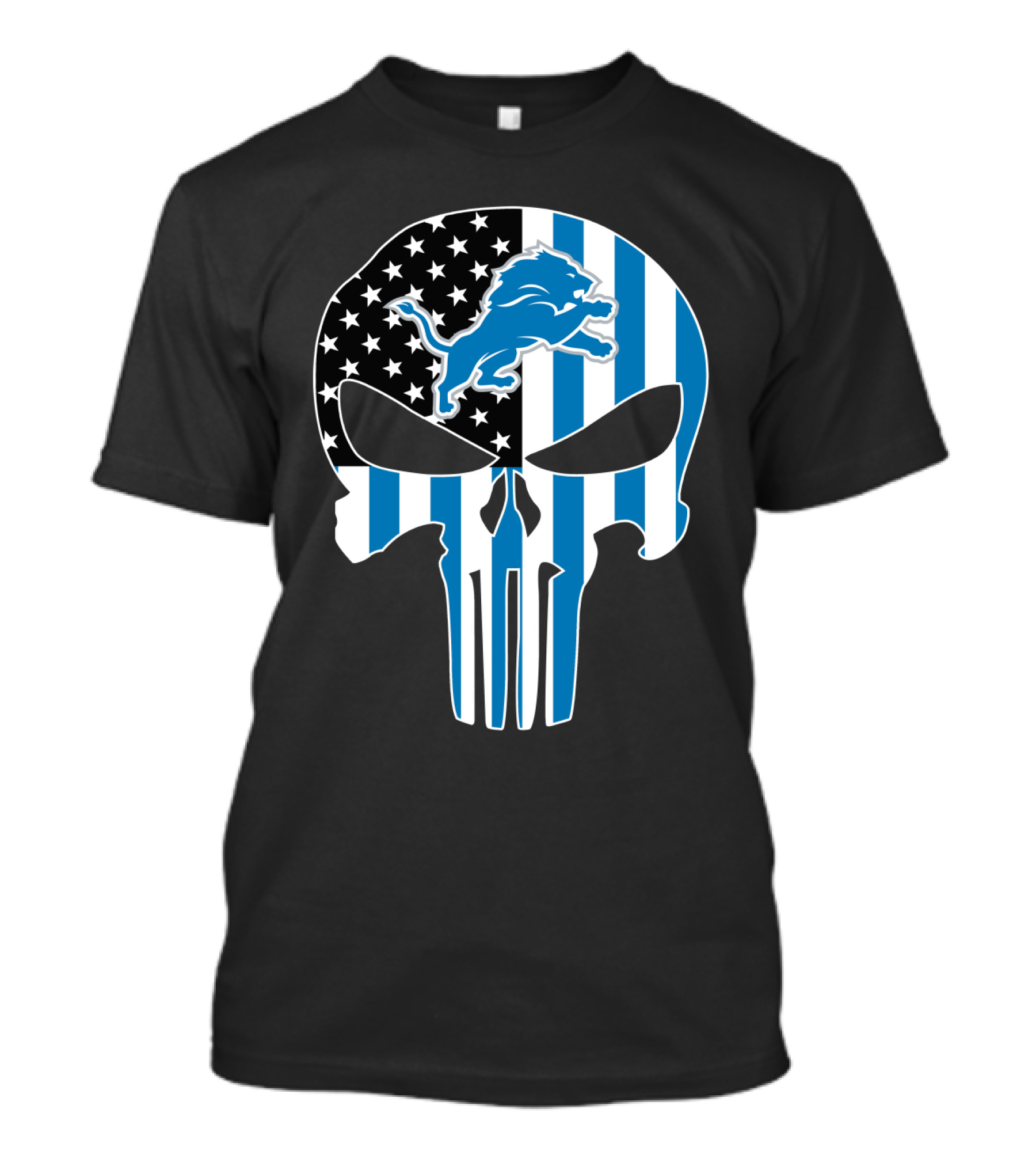 Detroit Lions Punisher Skull Logo American Flag T-Shirt