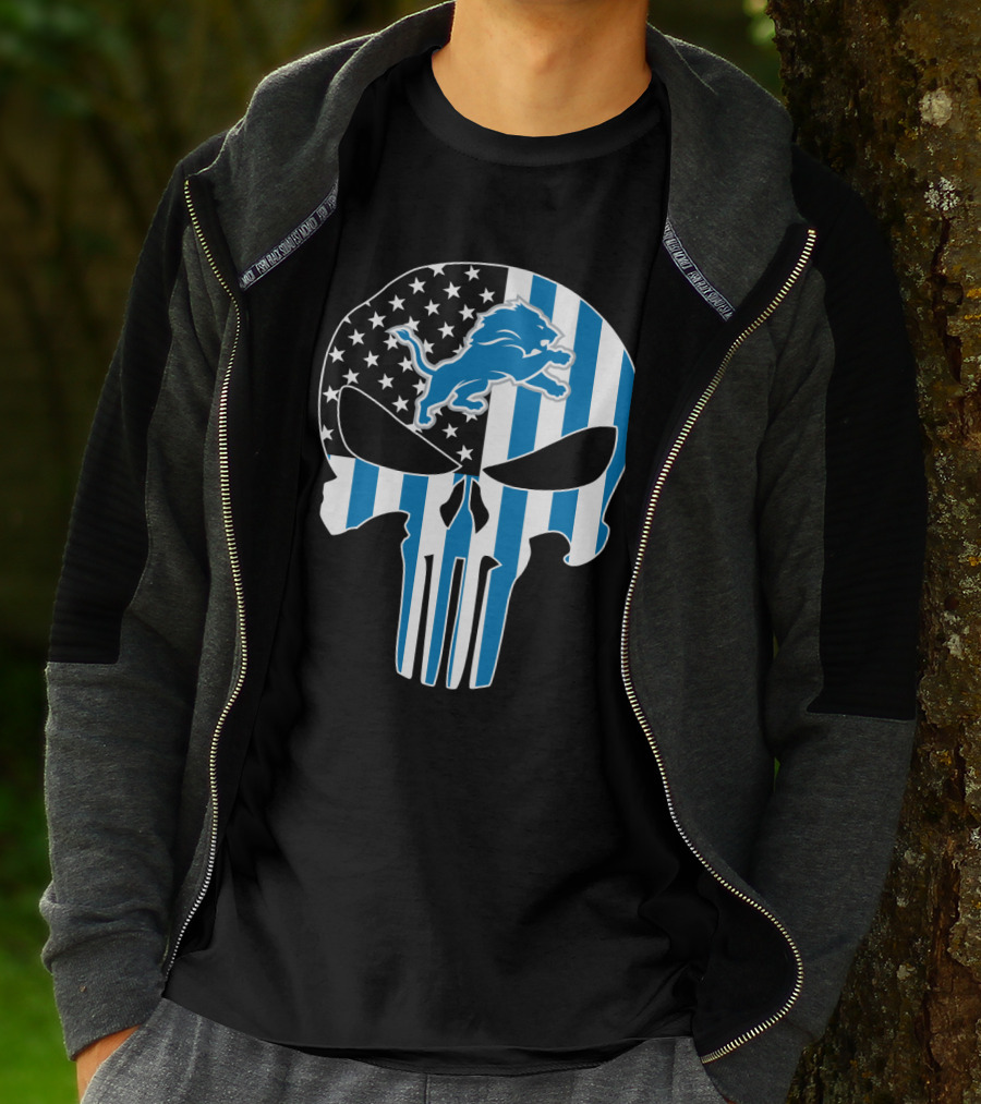 Detroit Lions Punisher Skull Logo American Flag T-Shirt