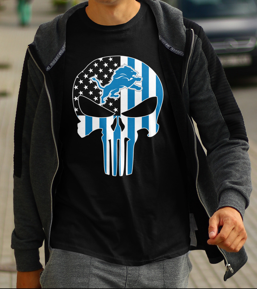Detroit Lions Punisher Skull Logo American Flag T-Shirt
