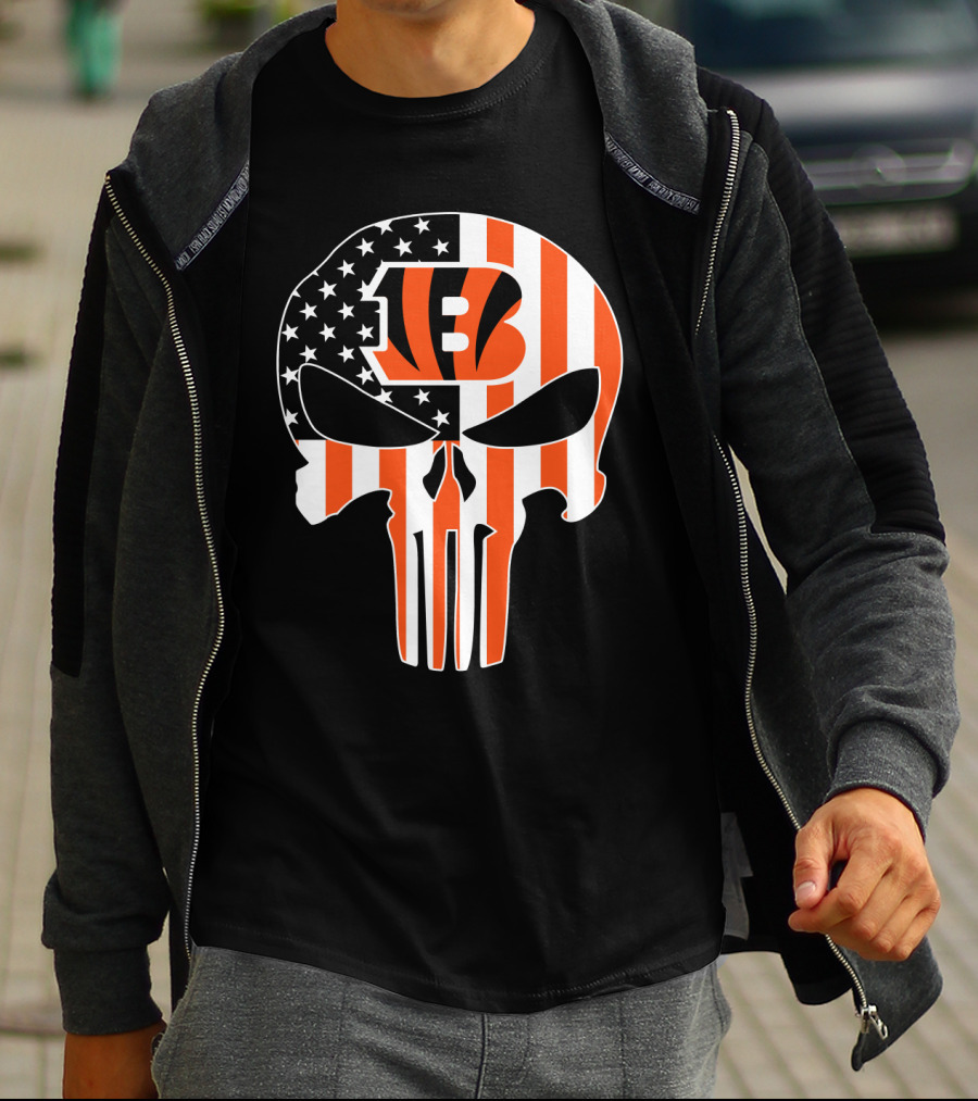 Bengals Skull American Flag Stripes T-Shirt