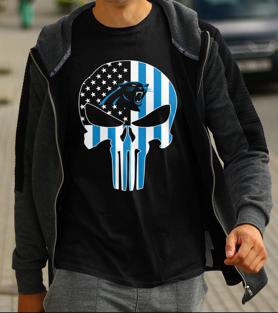 Carolina Panthers Punisher Skull American Flag T-Shirt