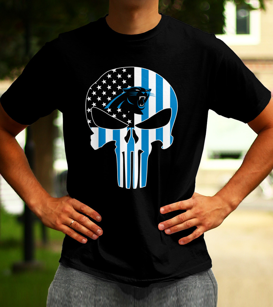 Carolina Panthers Punisher Skull American Flag T-Shirt