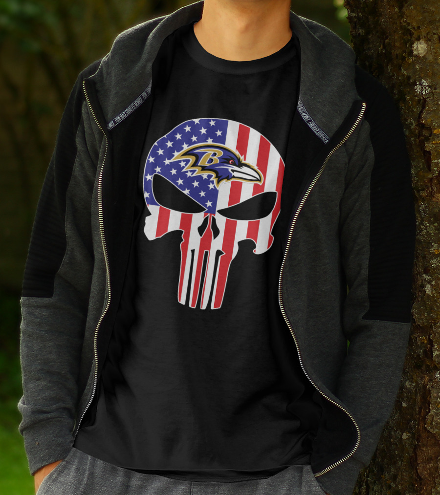 Ravens Skull American Flag Punisher Style T-Shirt