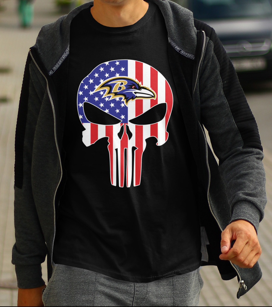 Ravens Skull American Flag Punisher Style T-Shirt