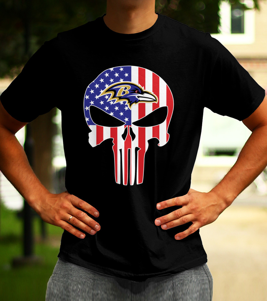 Ravens Skull American Flag Punisher Style T-Shirt