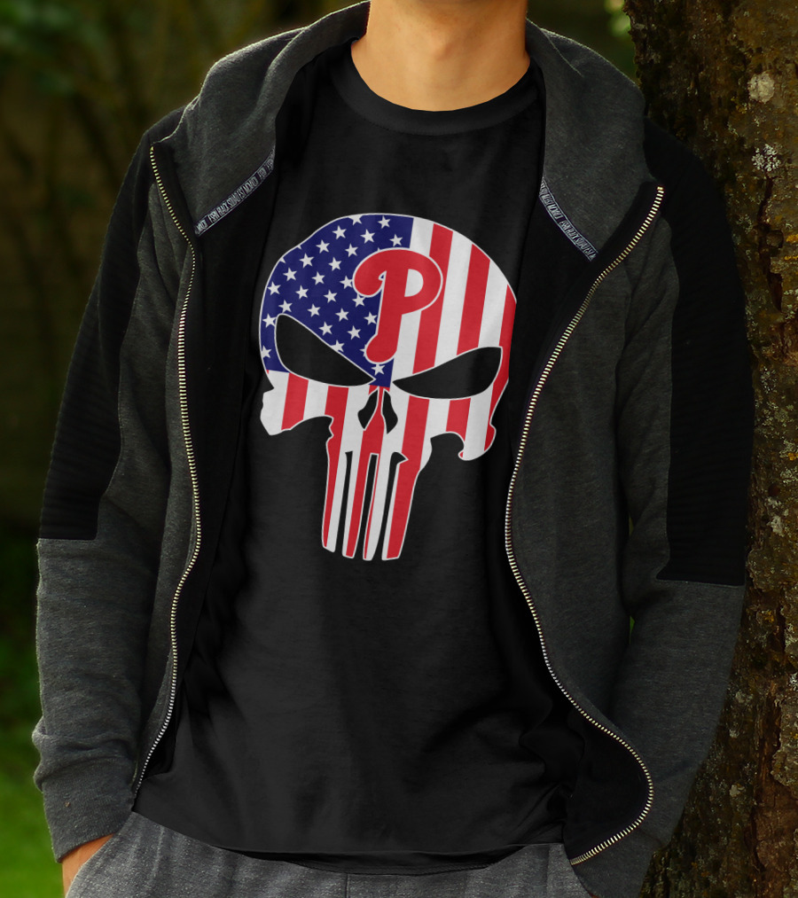 Phillies American Flag Punisher Style Skull T-Shirt