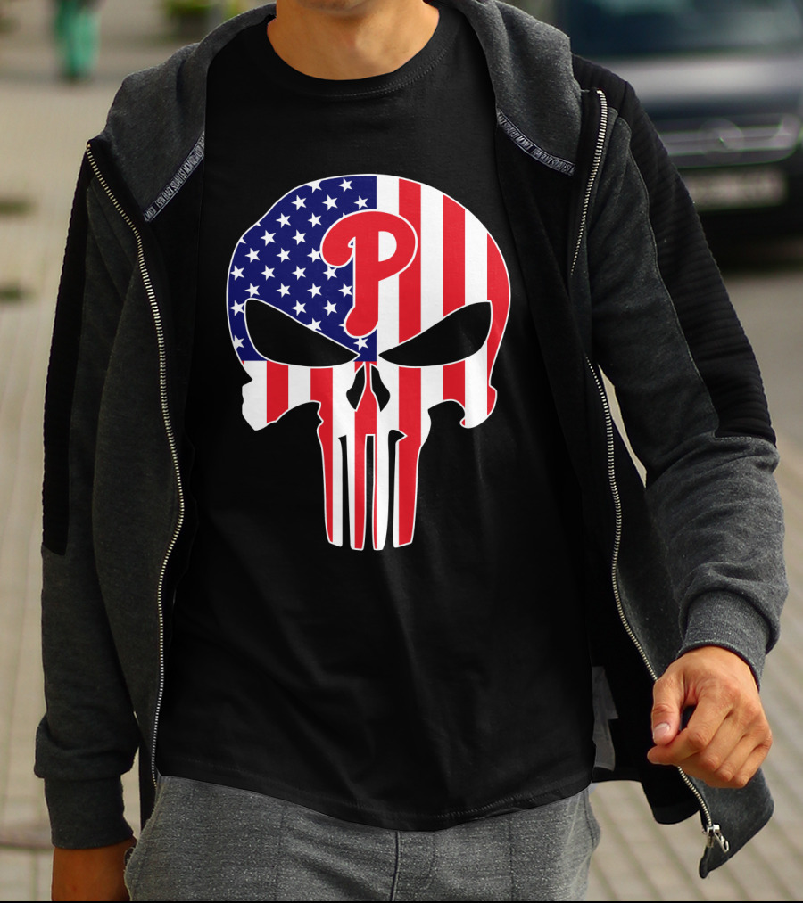 Phillies American Flag Punisher Style Skull T-Shirt