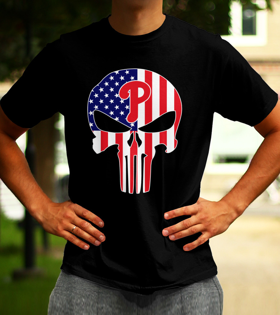 Phillies American Flag Punisher Style Skull T-Shirt