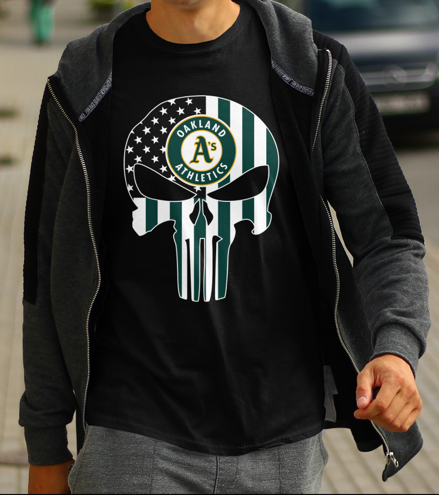Oakland Athletics A's Skull American Flag T-Shirt