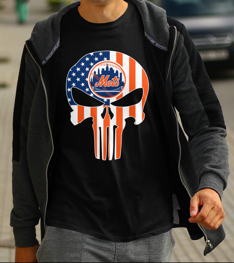 New York Mets American Flag Skull T-Shirt