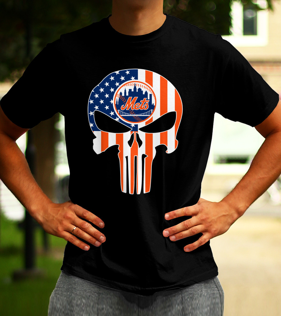 New York Mets American Flag Skull T-Shirt