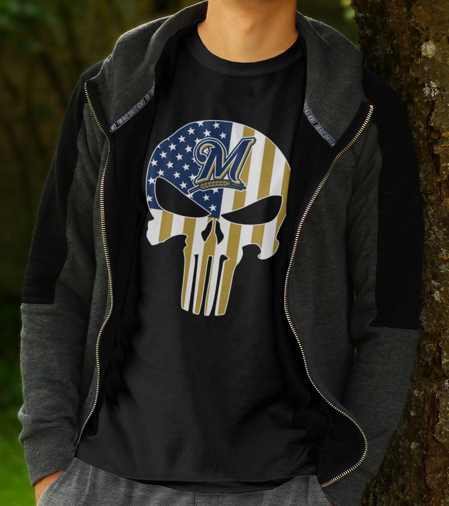 Milwaukee Brewers American Flag Skull T-Shirt