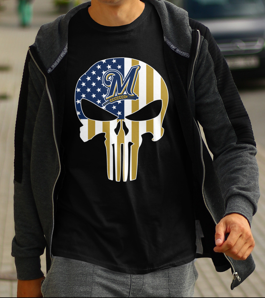 Milwaukee Brewers American Flag Skull T-Shirt
