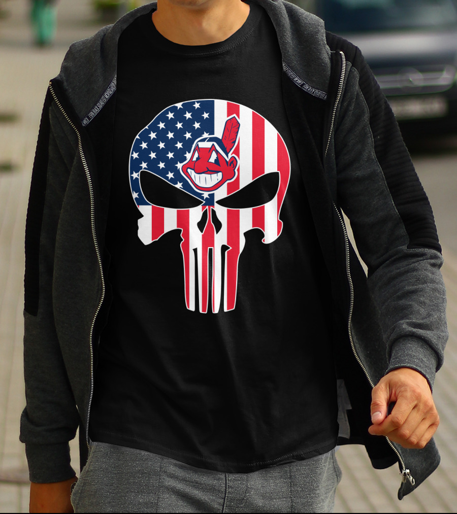 Cleveland Indians Punisher Skull American Flag T-Shirt