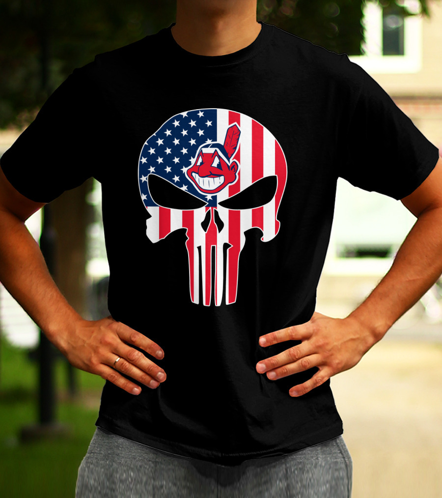 Cleveland Indians Punisher Skull American Flag T-Shirt
