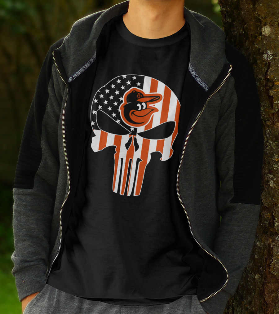 Baltimore Orioles Punisher Skull American Flag T-Shirt