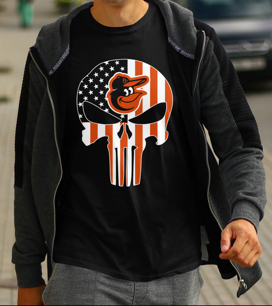Baltimore Orioles Punisher Skull American Flag T-Shirt