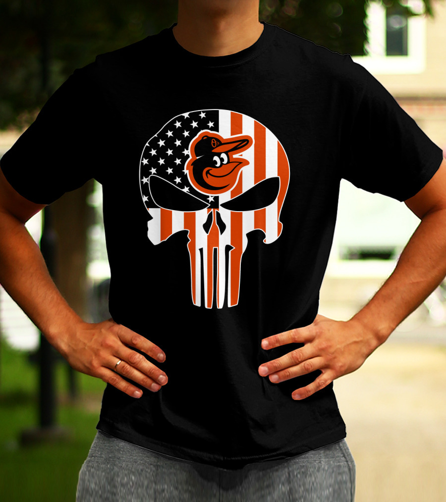 Baltimore Orioles Punisher Skull American Flag T-Shirt