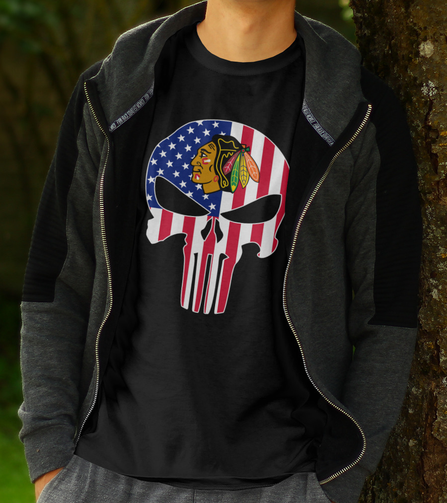Chicago Blackhawks Punisher Skull American Flag T-Shirt