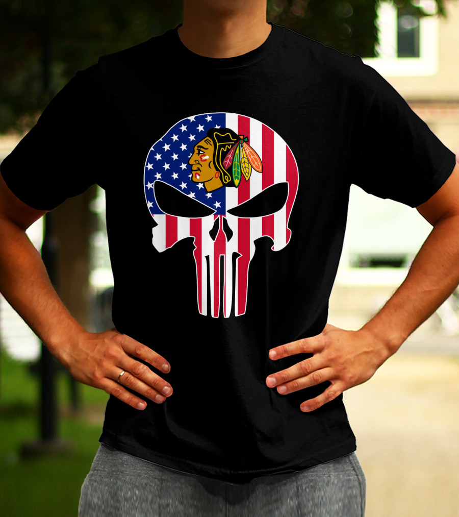 Chicago Blackhawks Punisher Skull American Flag T-Shirt