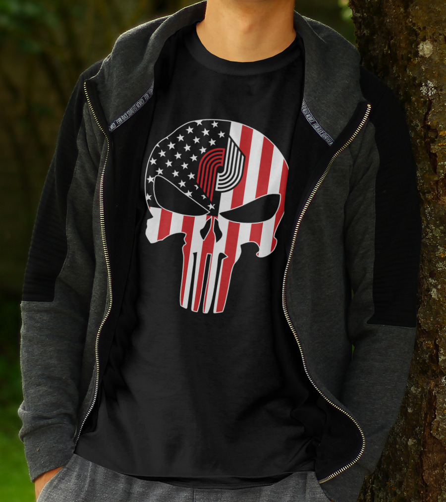 Portland Trail Blazers Punisher American Flag Skull T-Shirt