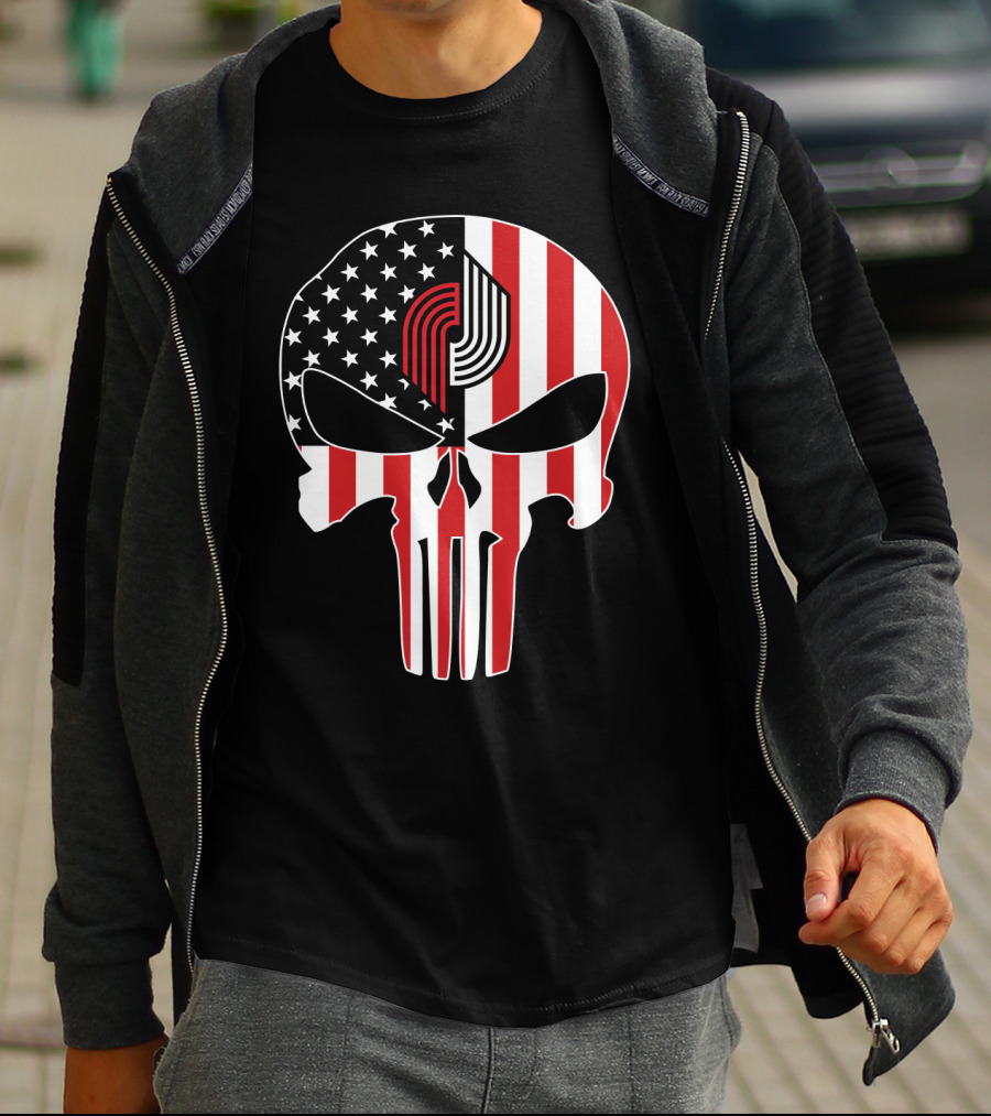 Portland Trail Blazers Punisher American Flag Skull T-Shirt