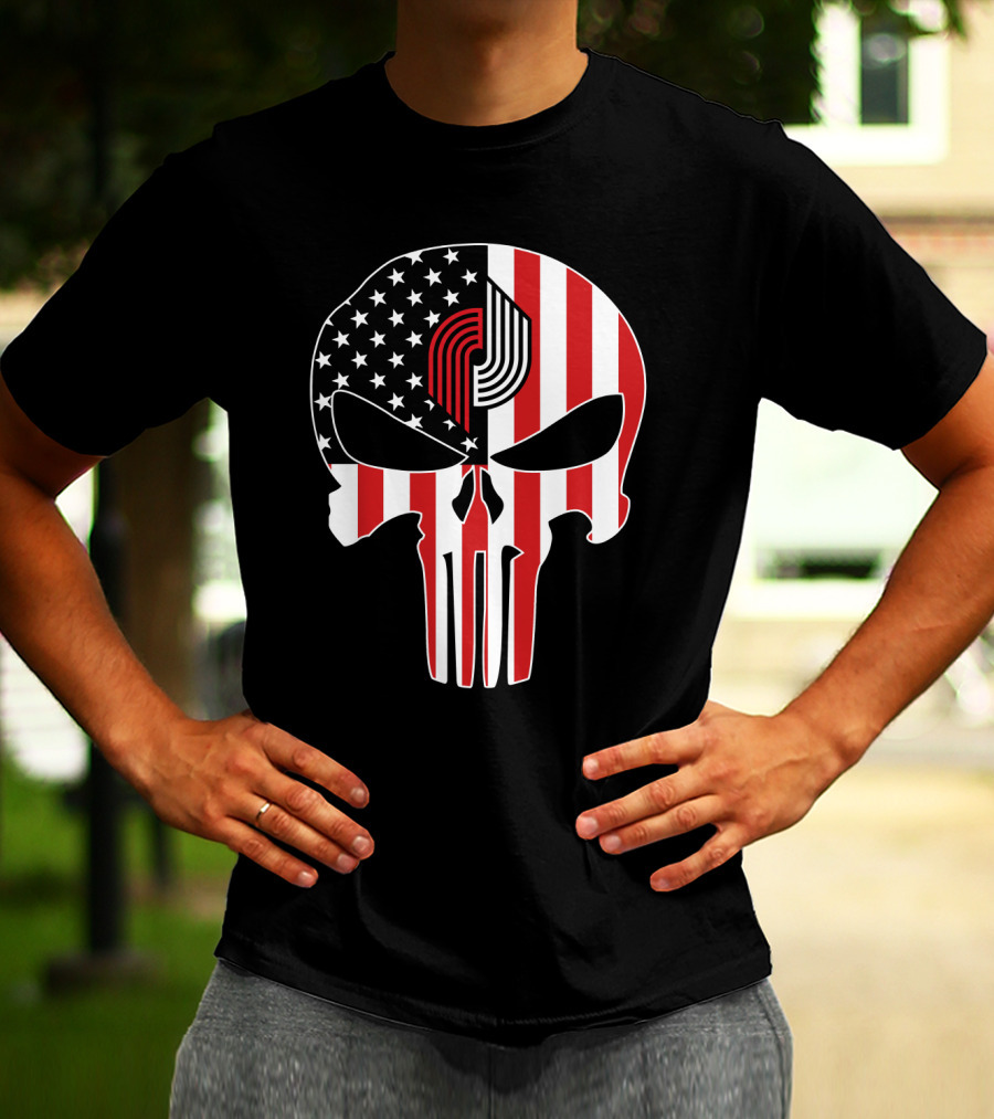 Portland Trail Blazers Punisher American Flag Skull T-Shirt