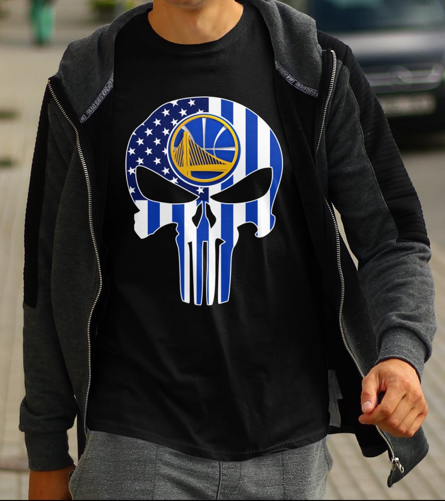 Golden State Warriors Skull Blue American Flag T-Shirt
