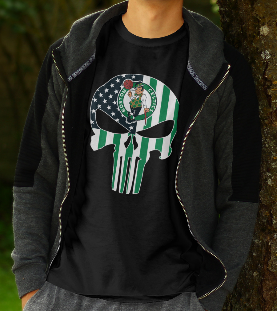 Boston Celtics American Flag Punisher Skull T-Shirt