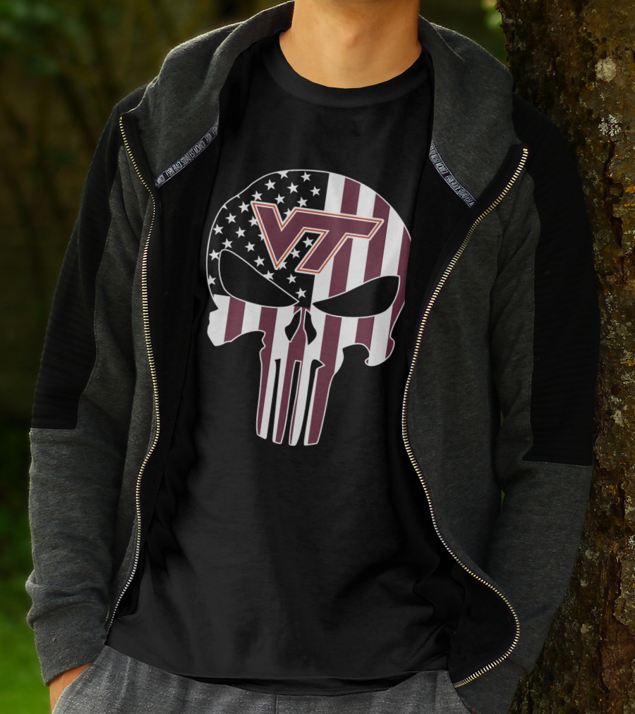 Virginia Tech Hokies Vt American Flag Skull T-Shirt