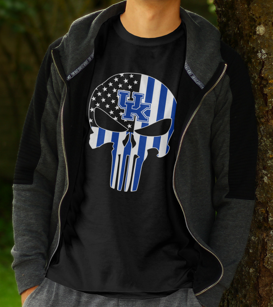 Uk Wildcats Punisher Skull American Flag Blue Stripes T-Shirt