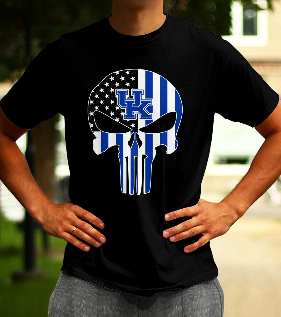 Uk Wildcats Punisher Skull American Flag Blue Stripes T-Shirt