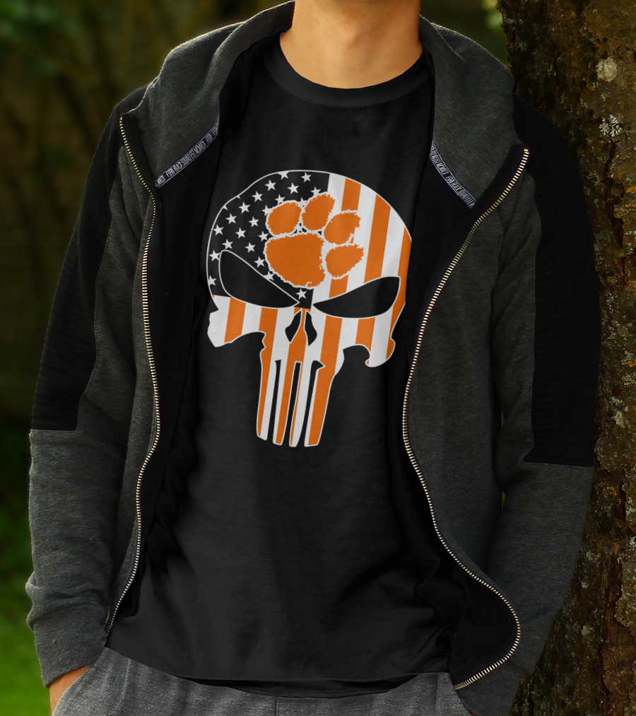 Clemson Tigers Paw Skull American Flag T-Shirt
