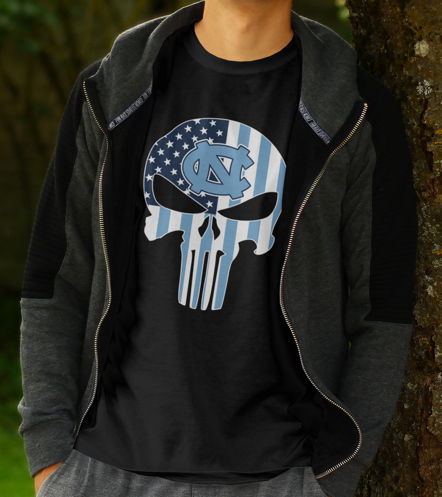 North Carolina Tar Heels Skull American Flag T-Shirt