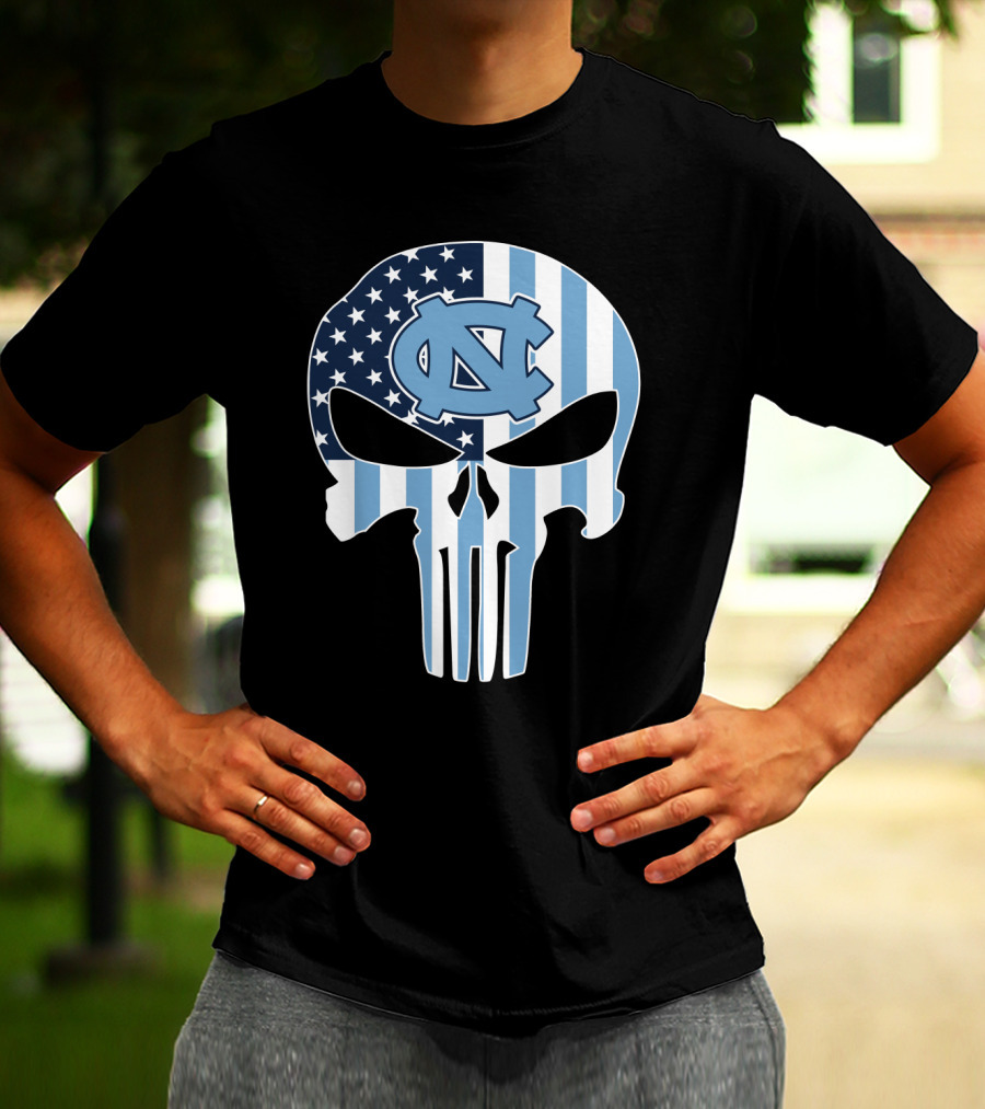 North Carolina Tar Heels Skull American Flag T-Shirt
