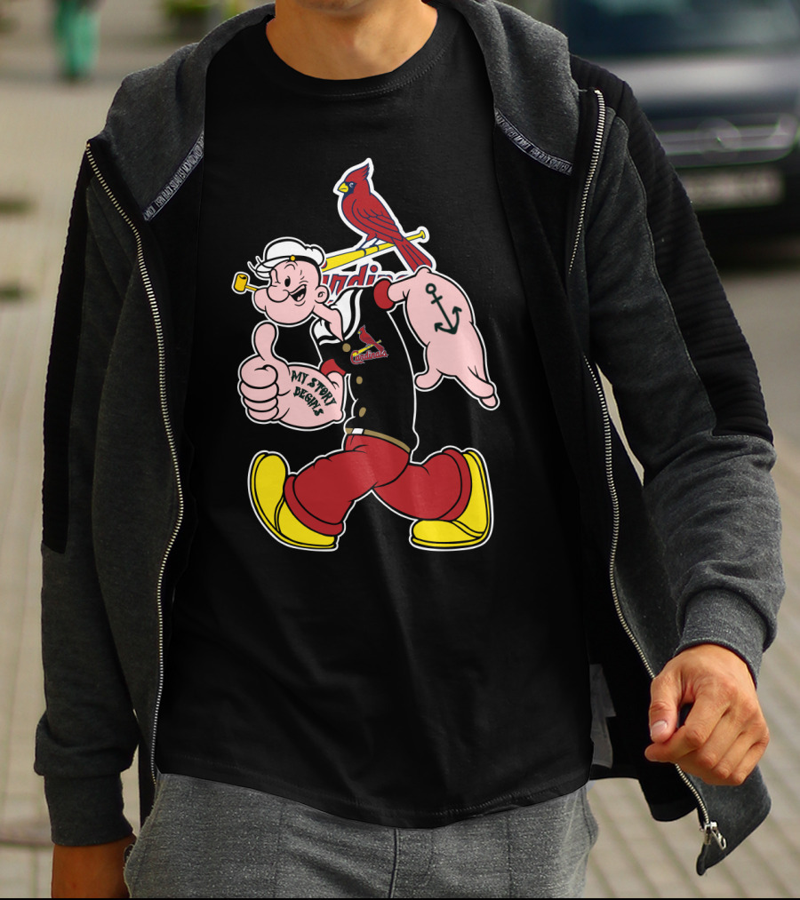 Popeye Thumbs Up With St. Louis Cardinals Logo And Cardinal Bird On Bat T-Shirt