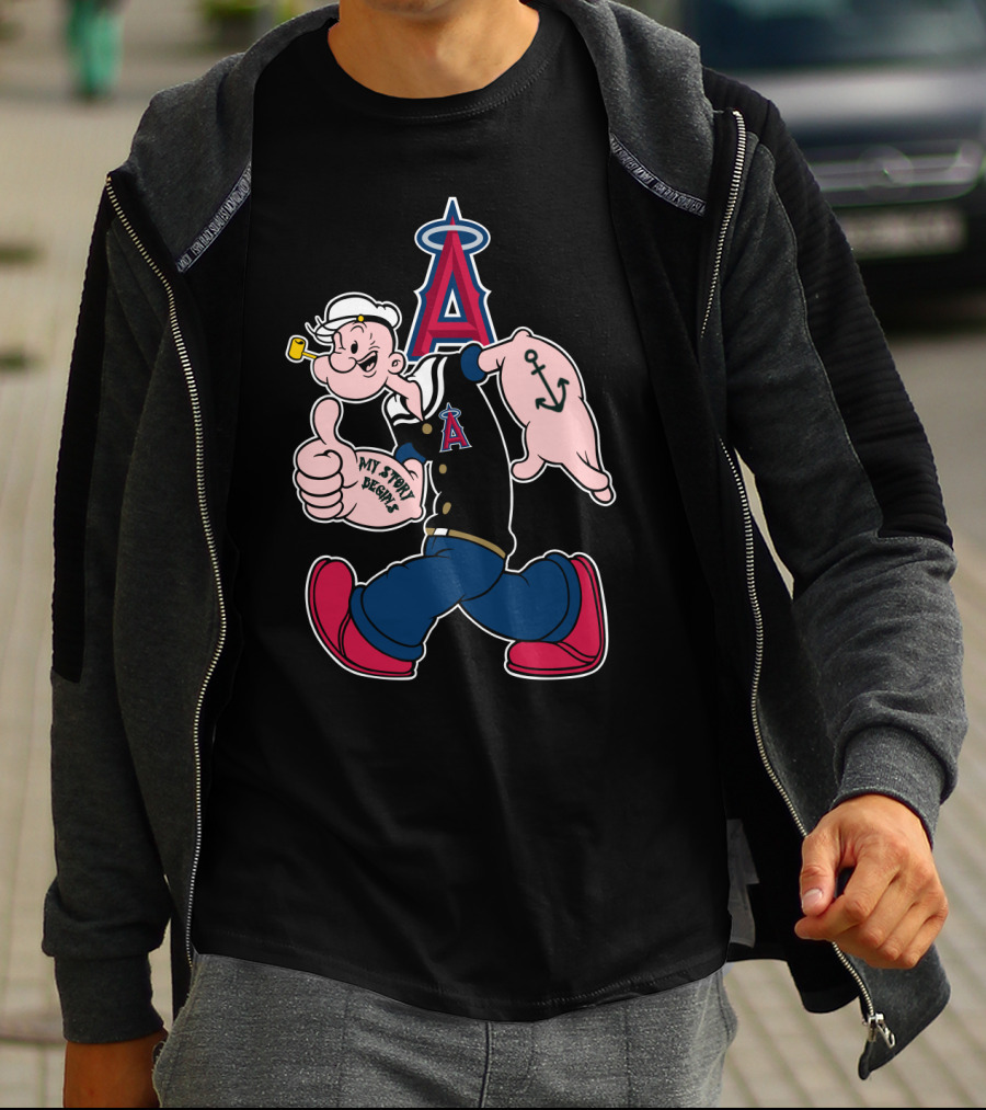 Popeye Thumbs Up Los Angeles Angels Mlb Collaboration With My Story Begins Anchor Tattoo T-Shirt