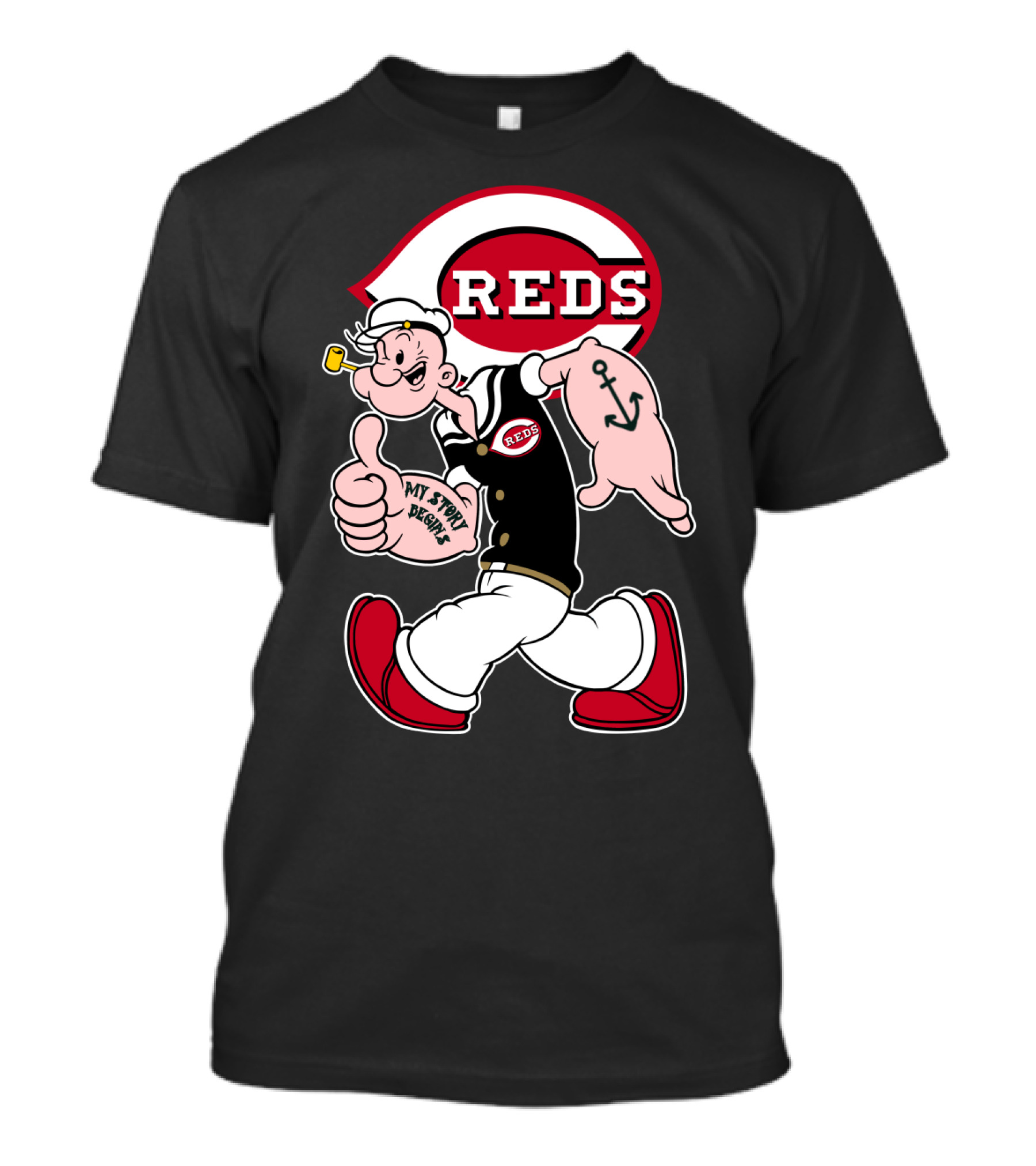 Cincinnati Reds Popeye Cartoon Character Collaboration T-Shirt