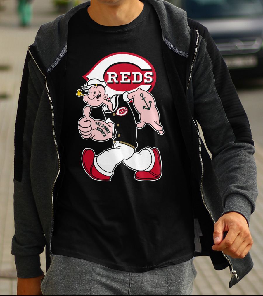 Cincinnati Reds Popeye Cartoon Character Collaboration T-Shirt