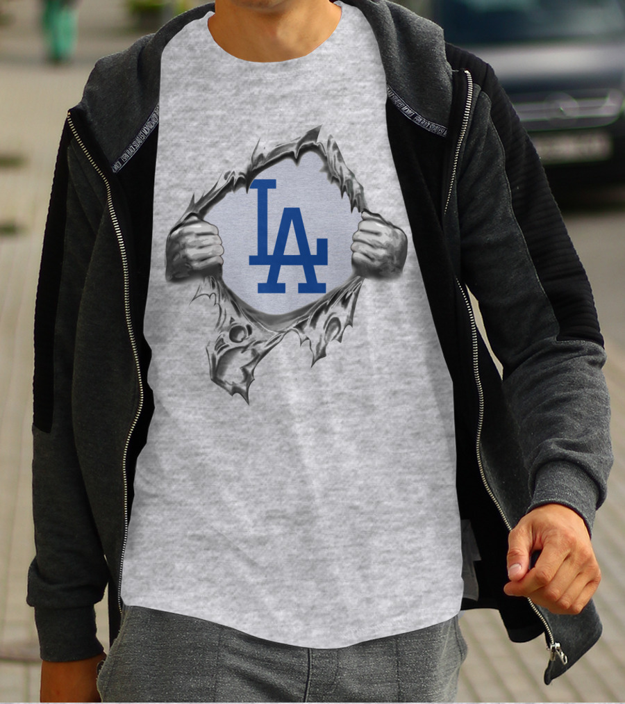 La Dodgers Logo Ripped Through Gray T-Shirt